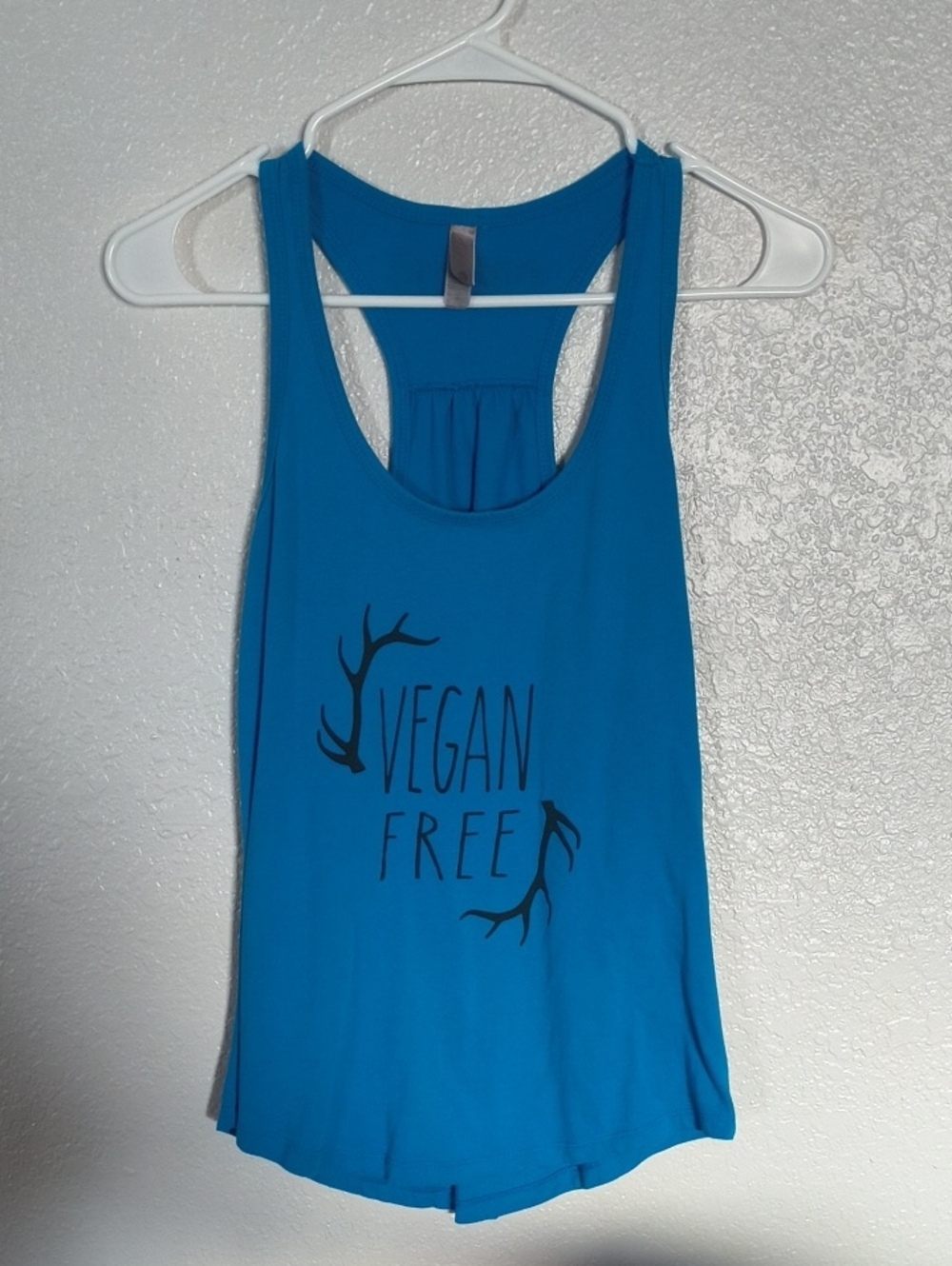 Blue Racerback Full Draw Tank Top with 'Vegan Free' Graphic